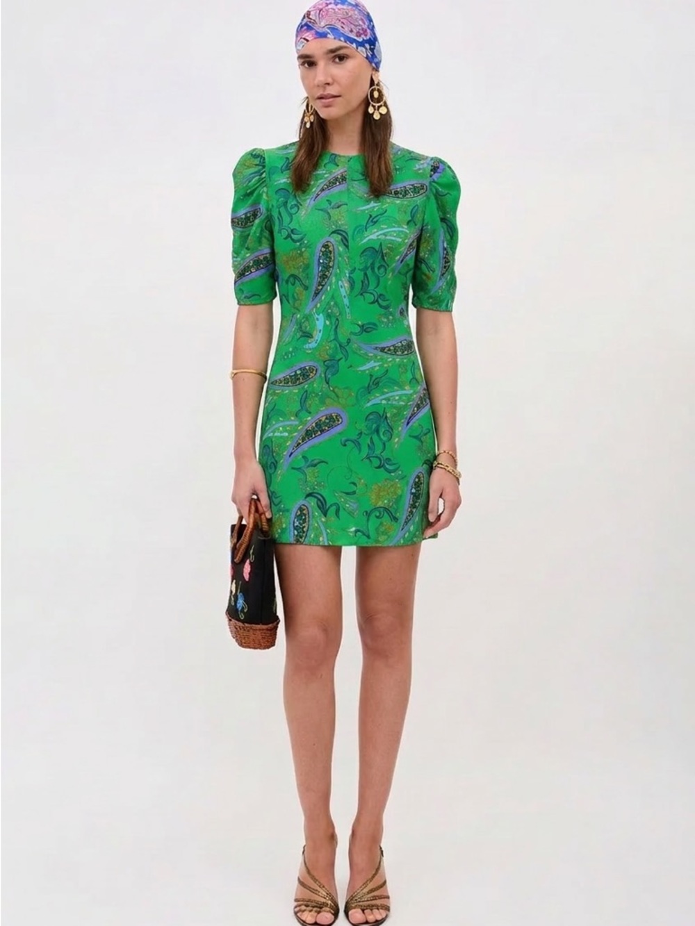 Zara Green Paisley Puff-Sleeve Mini Dress